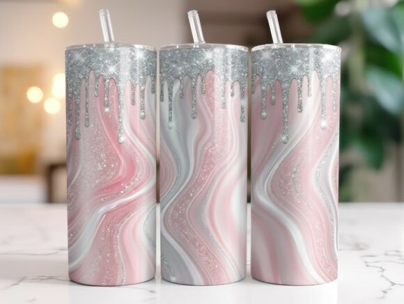 Pink Marble Glitter Drip Tumbler Wrap